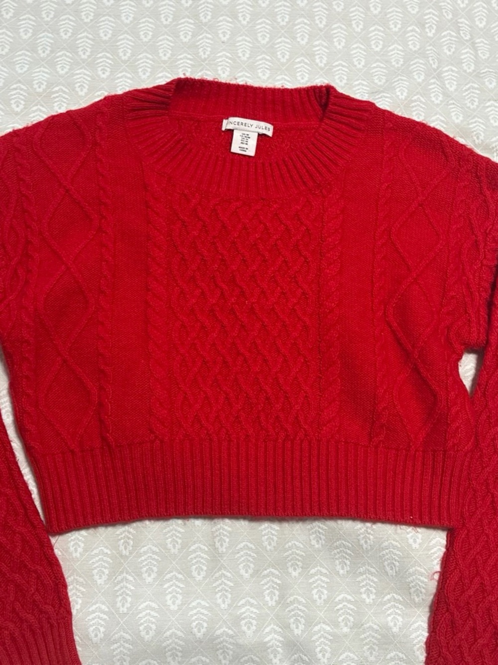 Sincerly Jules Bright Red Cable-Knit Cropped Sweater